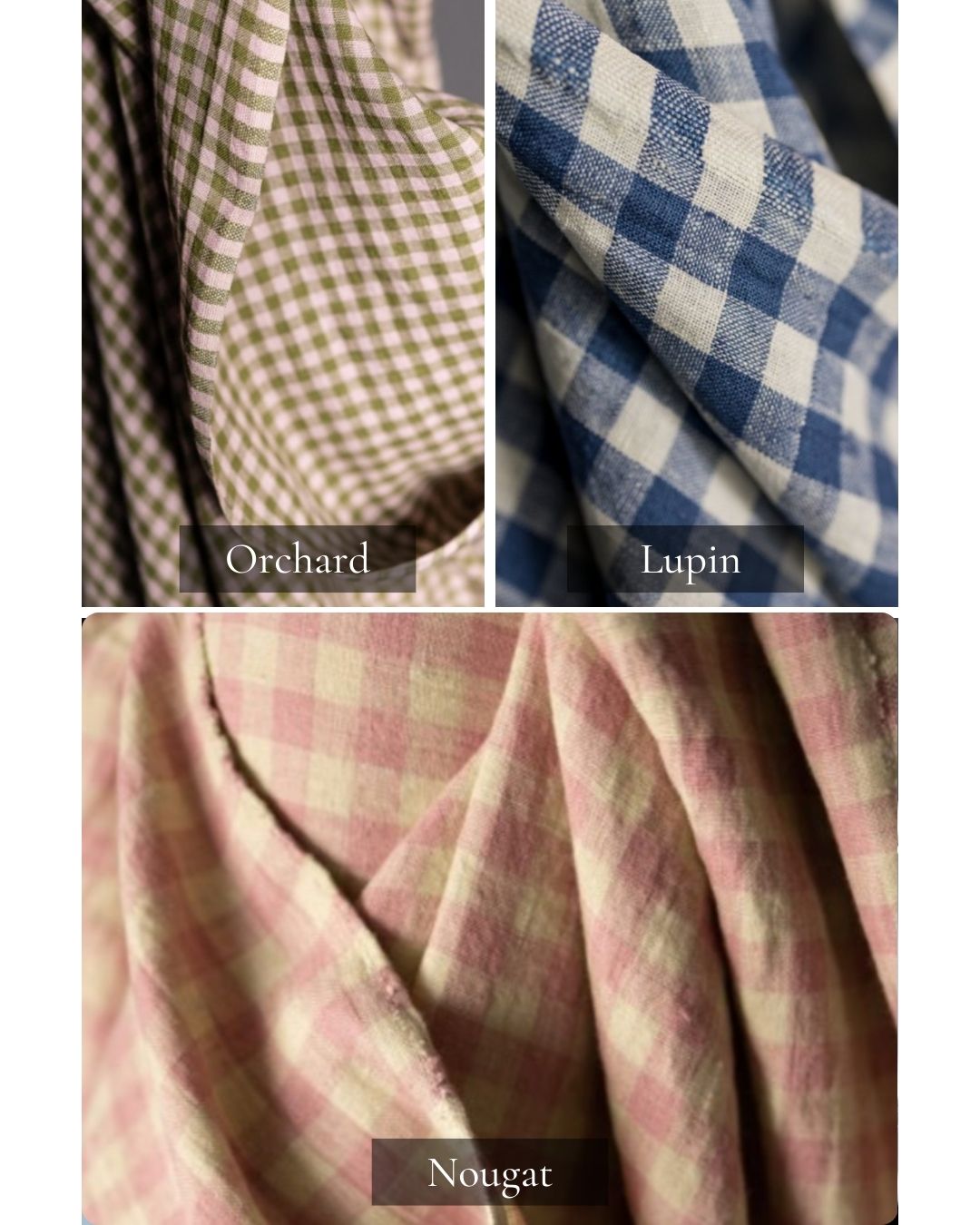 Three different checkered fabric swatches labeled 'Orchard', 'Lupin', and 'Nougat'.