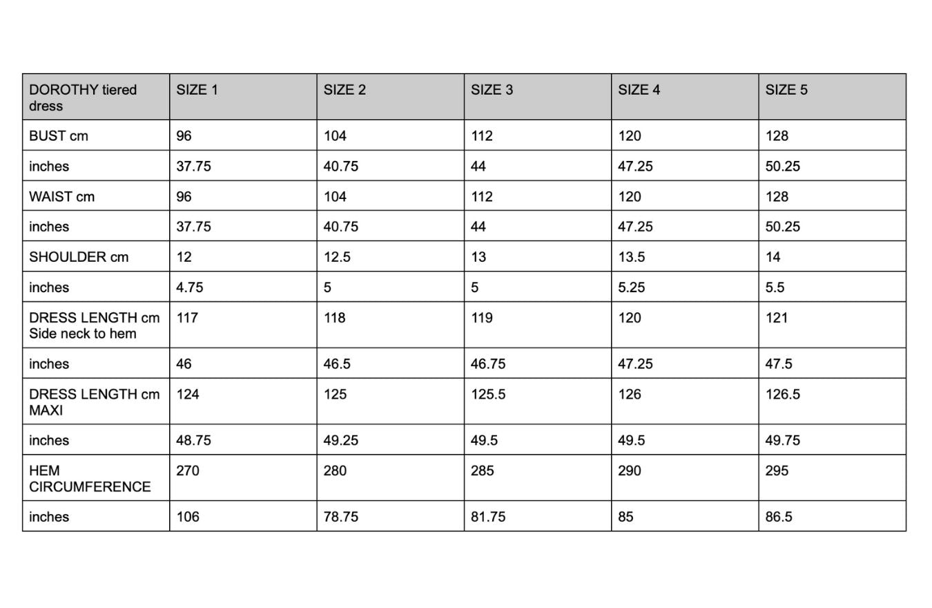 Measurement chart for a dress labeled 'Dorothy Tiered Dress' with size specifications in centimeters and inches.