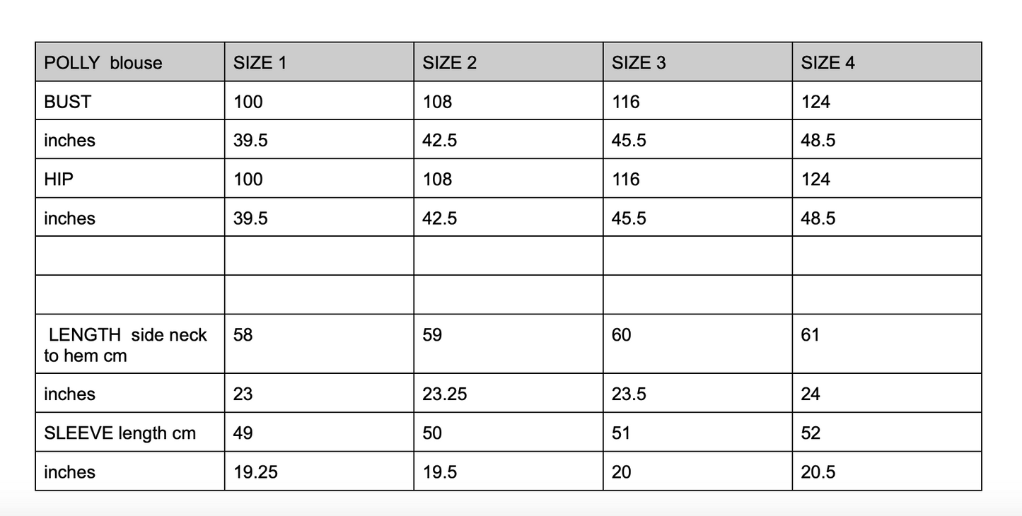 Size chart for POLLY blouse with measurements in inches and centimeters.