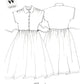 Line drawing of Paula dress featuring front and back view with details. 