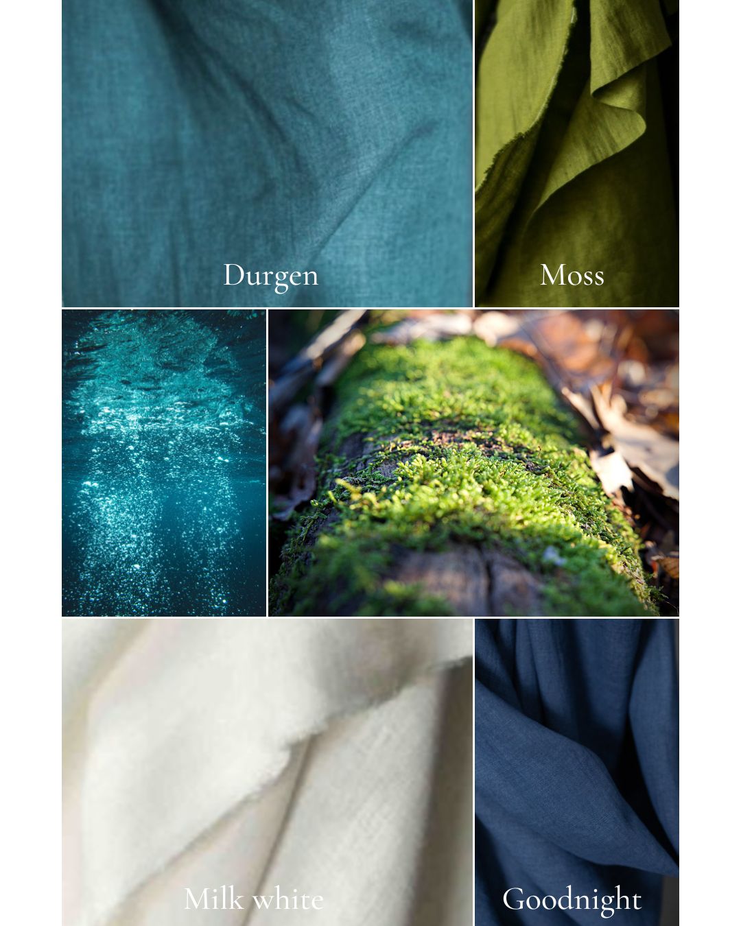 Collage of fabric swatches labeled 'Duren', 'Moss', 'Goodnight', and 'Milk white' with close-up textures.