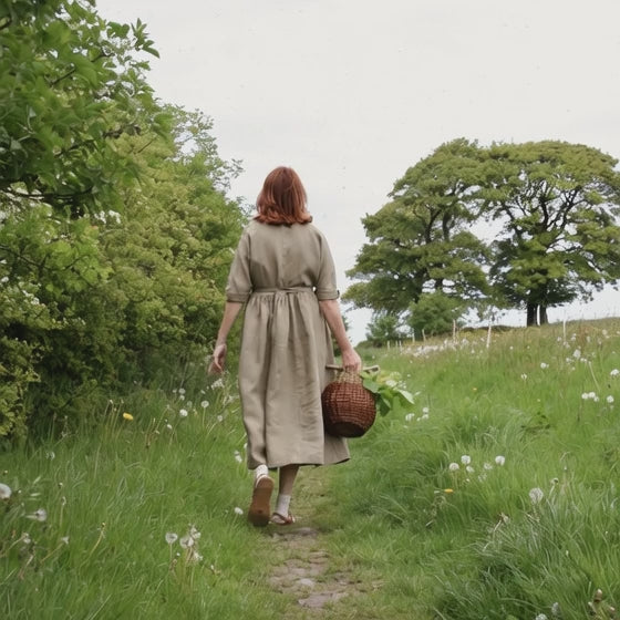 Woman walking in country setting wearing  beige linen dress